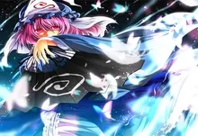 video games touhou dress night pink hair short hair pink eyes saigyouji yuyuko blue dress hats japan Art HD Wallpaper